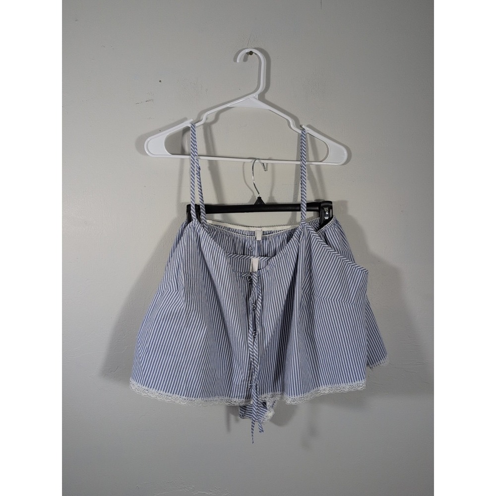 SKIMS Cotton Poplin Cadet Striped Tank Blue White Lace Trim XL Short Set‎